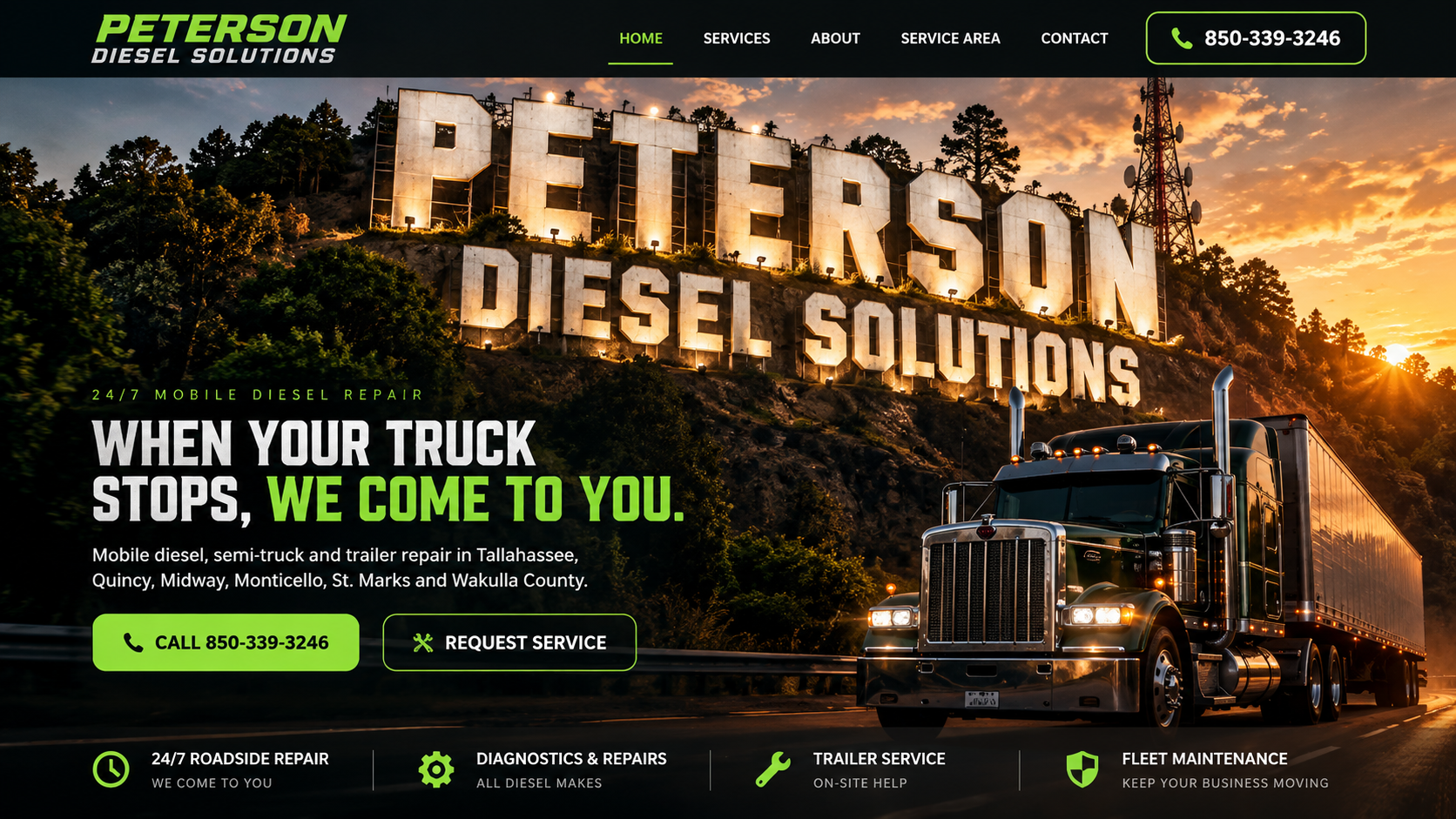Peterson Diesel Solutions Hollywood-style hillside sign and semi truck. Mobile diesel repair in Tallahassee and surrounding areas.